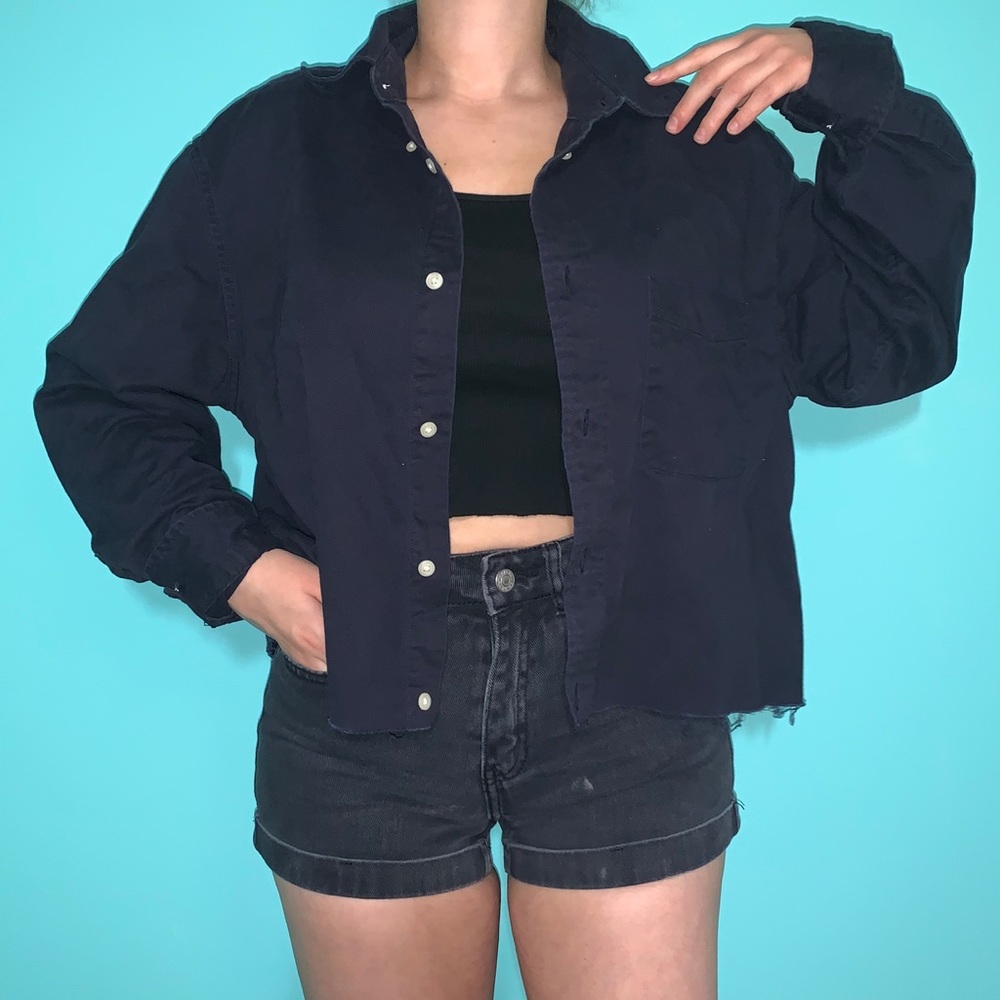Navy Lands End cropped buttonup lightweight jacket